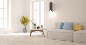 White modern room with sofa. Scandinavian interior design. 3D illustration