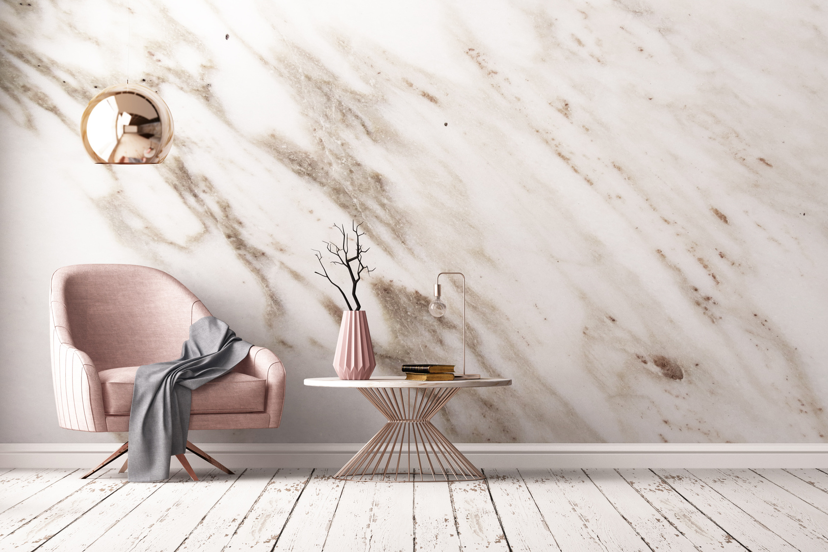 Interior with armchair and a table on a background of a marble wall, 3d render, 3d illustration