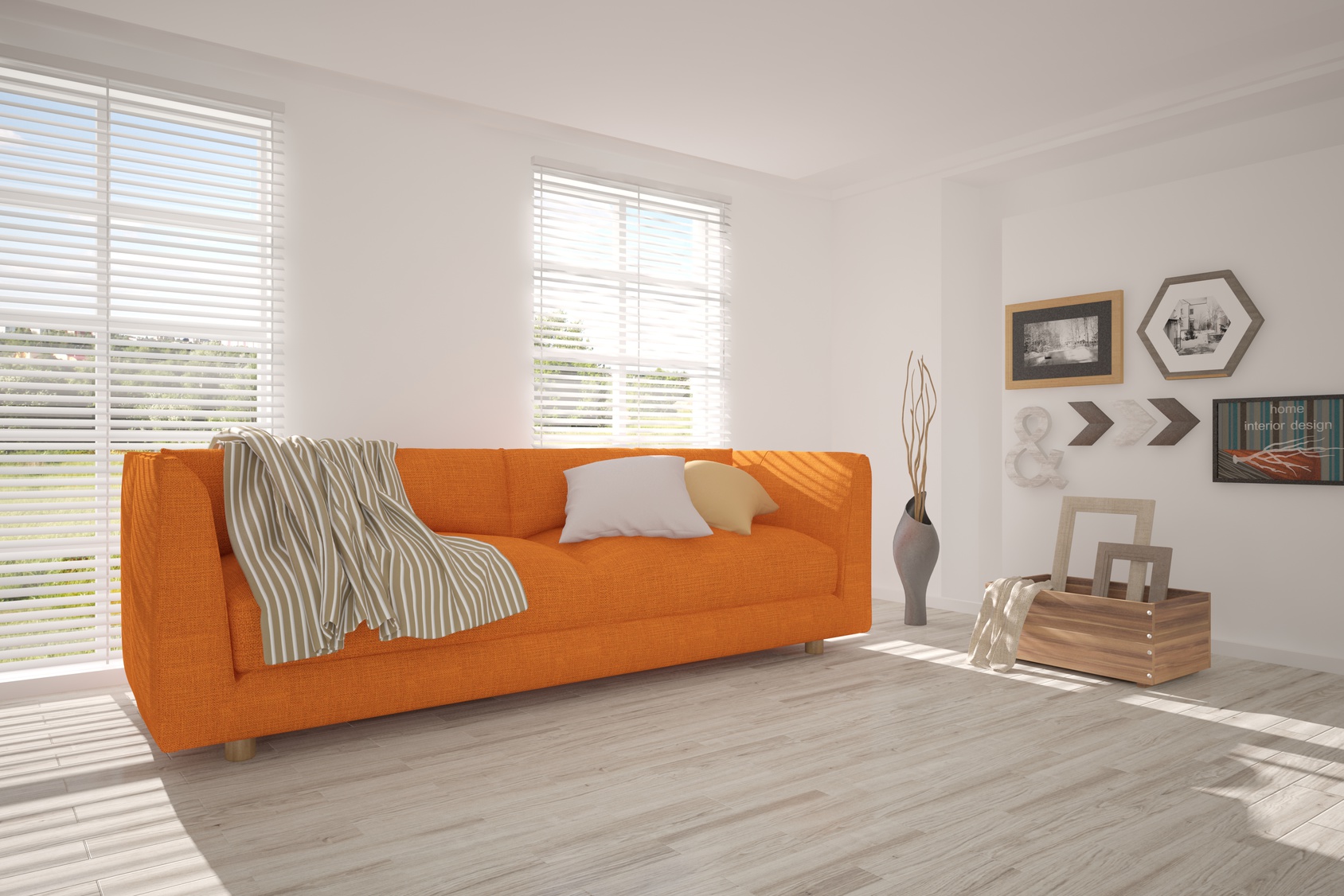 White room with sofa and green landscape in window. Scandinavian interior design. 3D illustration