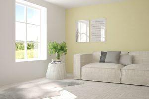 White room with sofa and green landscape in window. Scandinavian interior design. 3D illustration